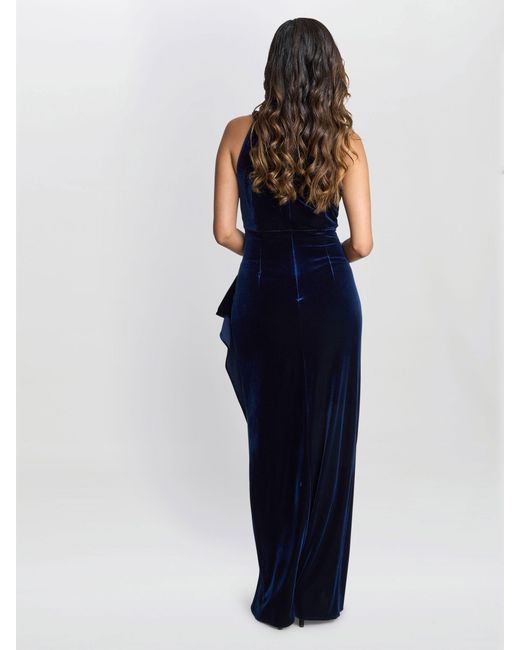 Gina Bacconi Blue Naomi Beaded Velvet Halter Neck Maxi Dress