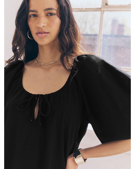 Next 100% Cotton Puff Sleeve Tie Front Mini Dress in Black | Lyst