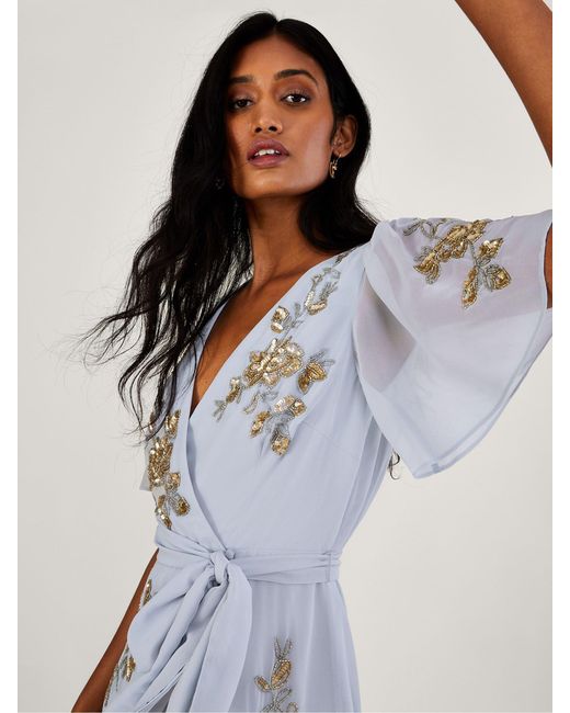 Monsoon Blue Sarah Embroidered Wrap Dress
