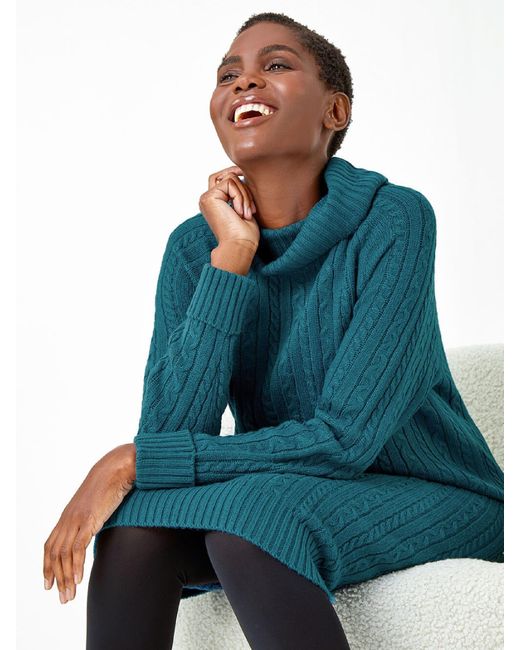 Roman Women's Blue Roll Neck Knitted Sweater Dress