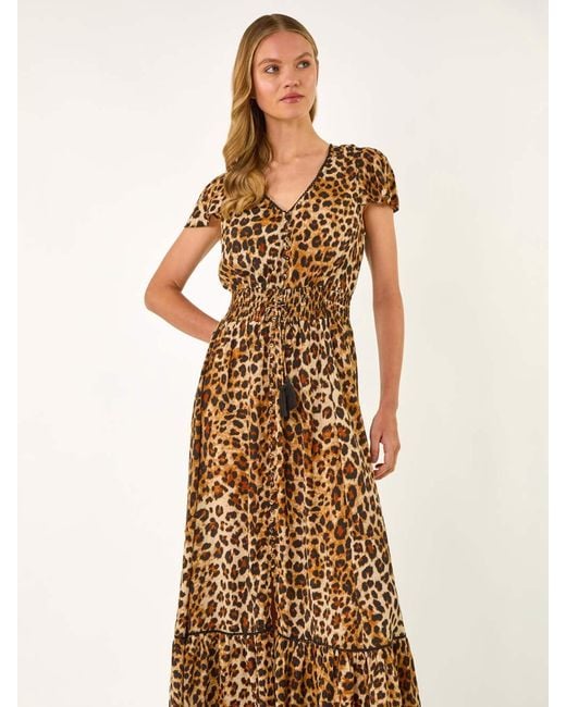 Roman Natural Animal Print Shirred Maxi Dress