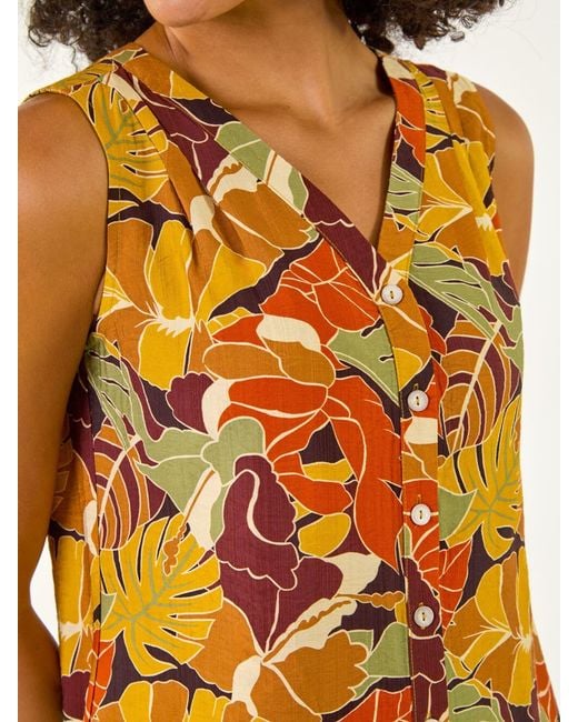 Roman Orange Leaf Print Button Blouse