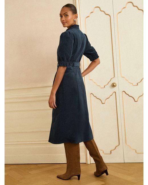 Love & Roses Blue Corduroy Scallop Trim Midi Dress