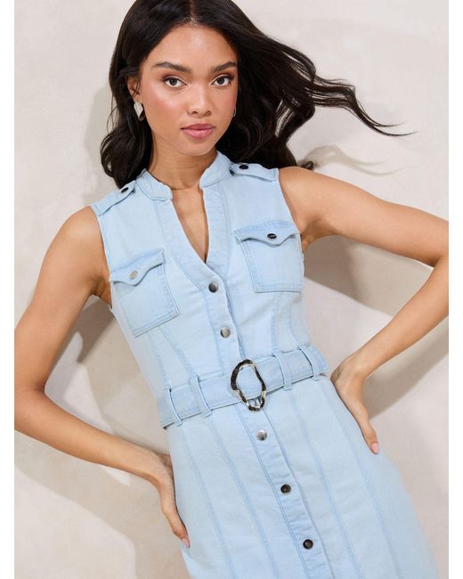 Lipsy Blue Sleeveless Denim Belted Shirt Dress