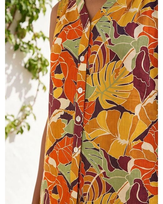 Roman Orange Leaf Print Button Blouse