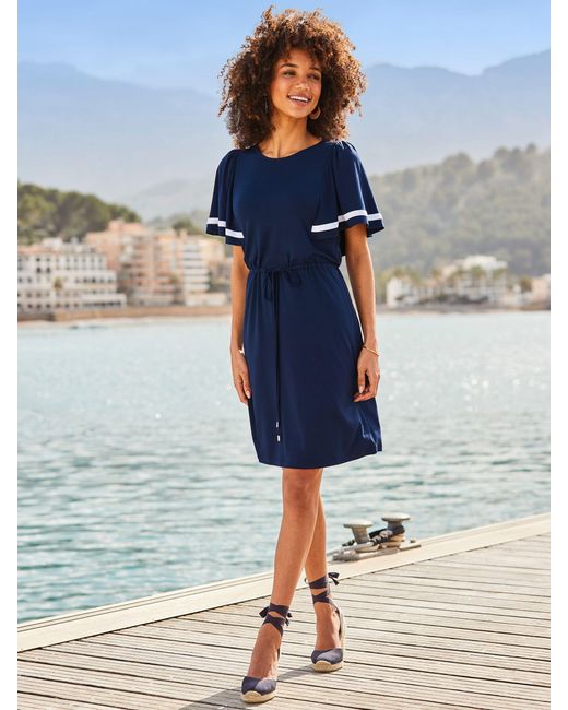Sosandar Blue Contrast Trim Angel Sleeve Jersey Dress