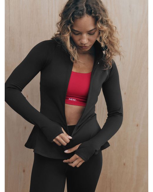 Self Black Peplum Techinal Jacket With Full Zip