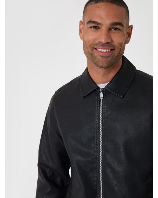 Threadbare Blue Faux Leather Zip Up Collared Jacket for men