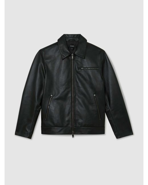 Reiss Black Strader Leather Zip-Through Jacket for men