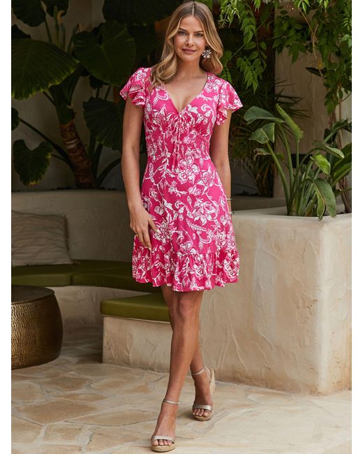 Sosandar Pink Floral Print Fluted Hem Dress
