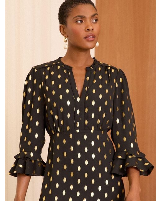 Love & Roses Brown Dash Foil Flute Sleeve Midi Dress