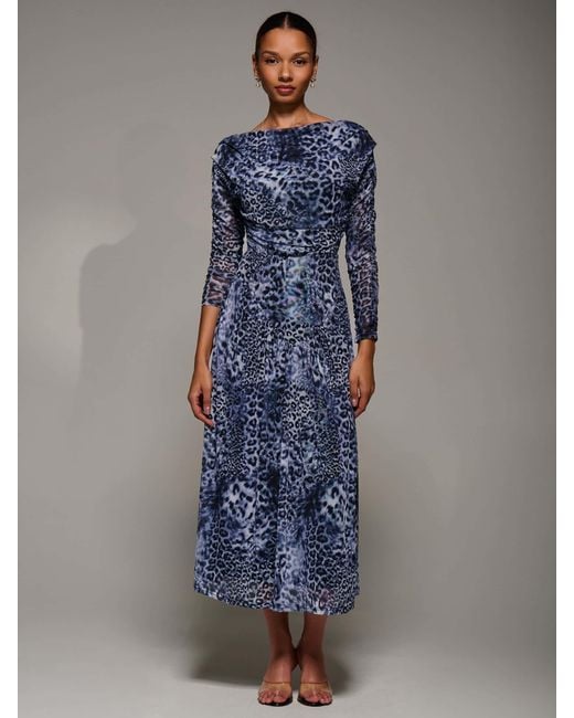 Jolie Moi Blue Long Sleeve Asymmetric Gathered Mesh Midi Dress