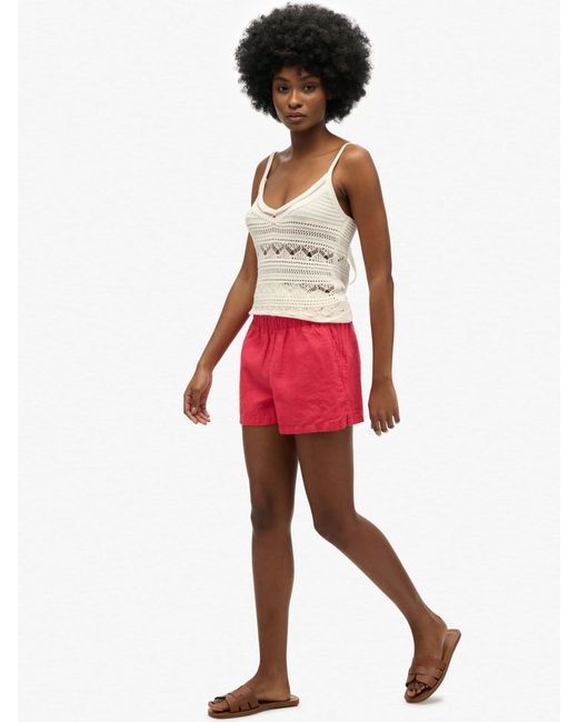 Superdry Red Drawstring 100% Linen Shortseu 42 (Uk 14)