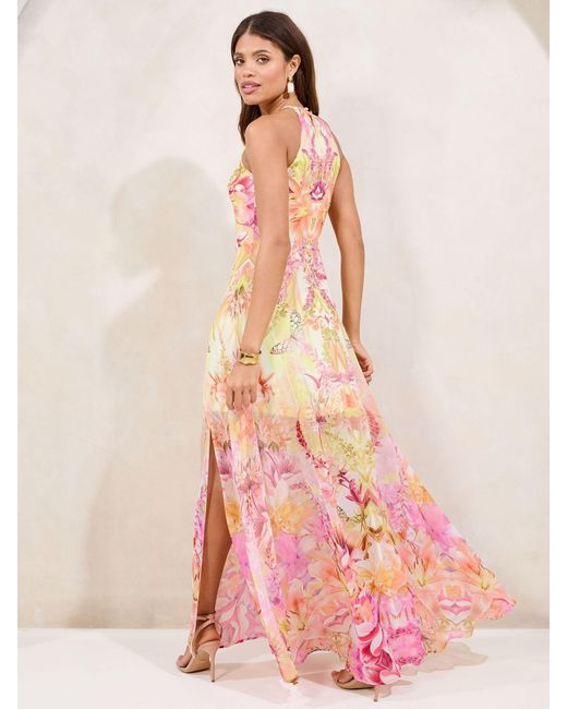 Lipsy Pink Printed Halter Chiffon Sleeveless Maxi Dress