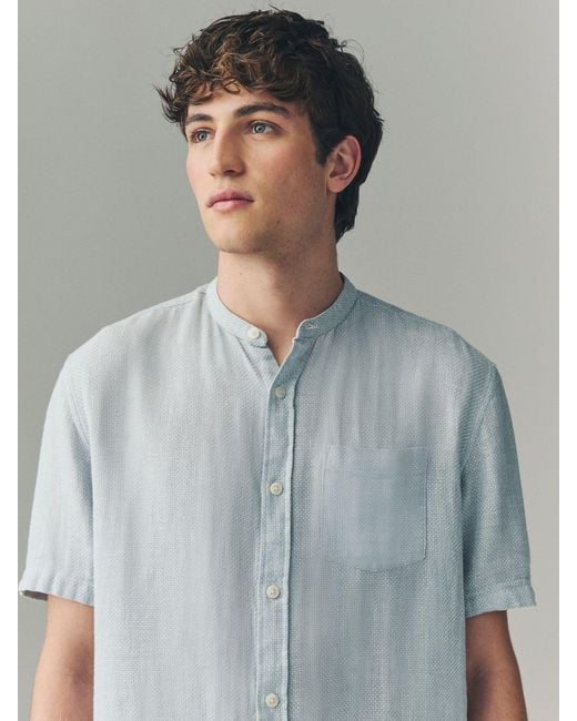 Next Blue Grandad Collar Cotton Linen Blend Short Sleeve Shirt for men