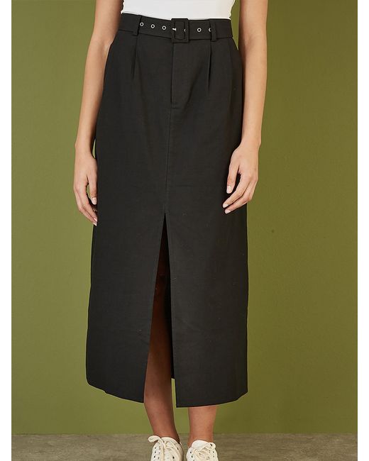 Yumi' Green 100% Cotton Midi Skirt With Belt And Split Hem