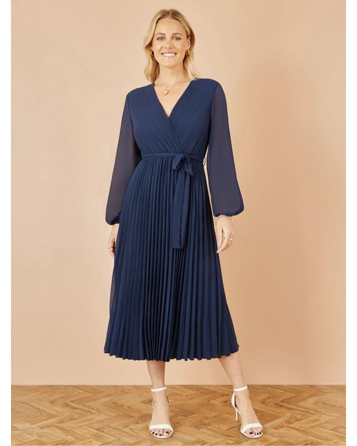 Yumi' Blue Pleated Wrap Midi Dress With Sheer Long Sleeves