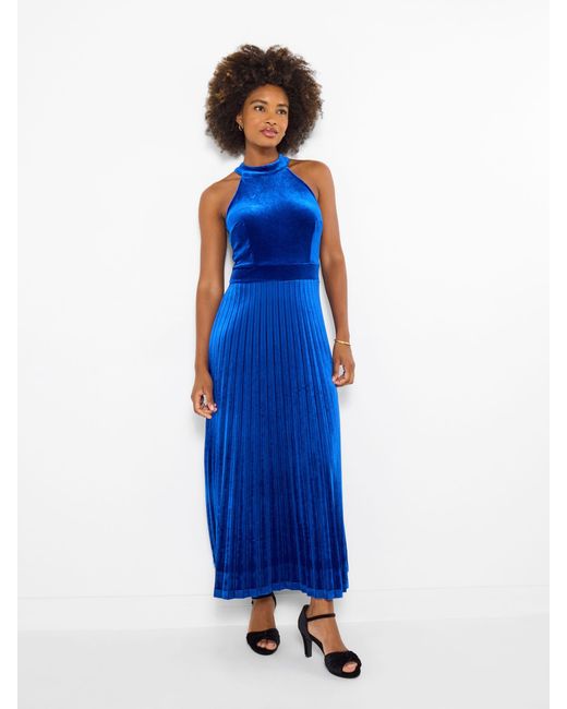 Joe Browns Blue Petite Halter Neck Velour Maxi Dress