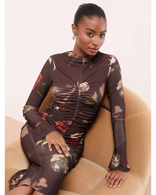 Lipsy Pink Floral Long Sleeve Ruched Jersey Bodycon Dress