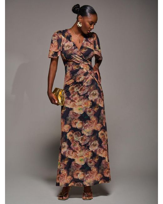 Jolie Moi Brown Angel Sleeve Draped Mesh Maxi Dress