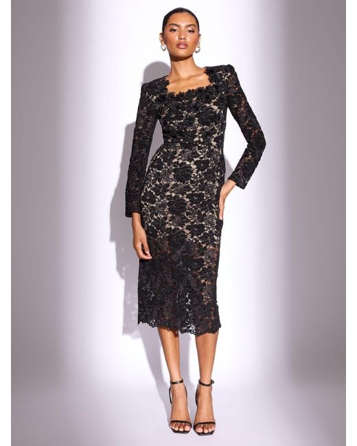 lipsy bodycon lace dress Petite Premium 3D Floral Print Long Sleeve Midi in Black Lavender Zara Mini Length Dress Color:Bridal Silver*