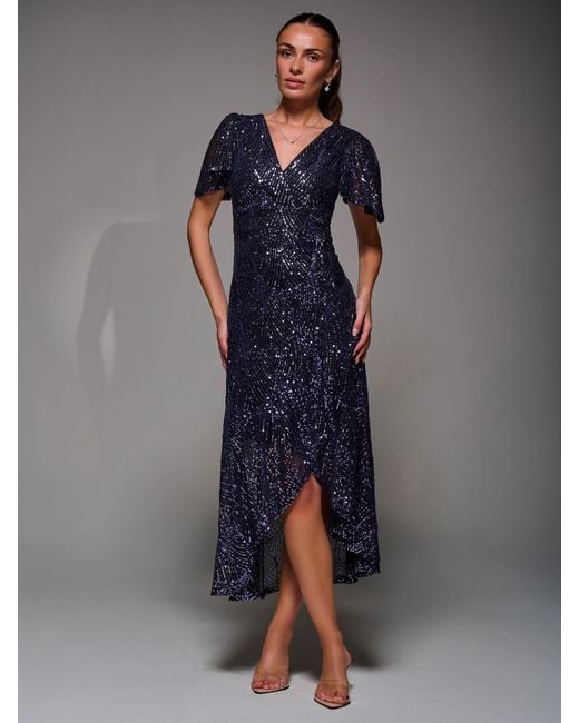 Jolie Moi Women's Blue Sequin Angel Sleeve Ruffle Hem Maxi Dress