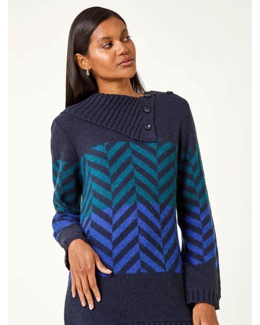 Roman Blue Stripe Roll Neck Knit Jumper