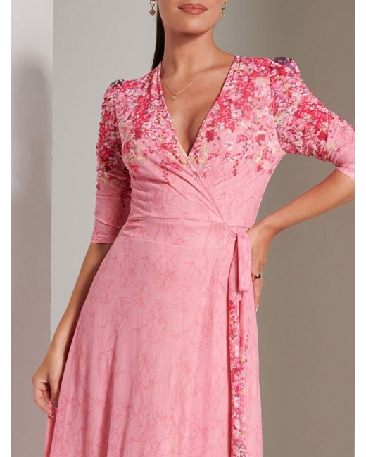 Jolie Moi Pink Peggy Maxikleid Mit Gerüschten Ärmeln Und Mesh-Wickelung