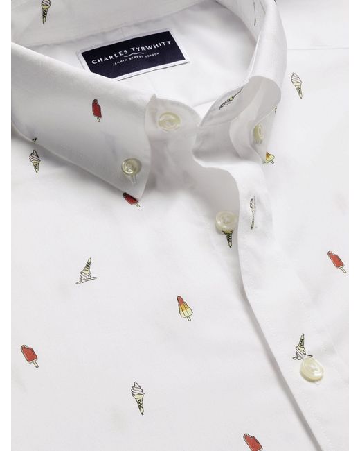 Charles Tyrwhitt White Slim Fit Ice Cream Short Sleeve Non-Iron 100% Cotton Print Shirt for men