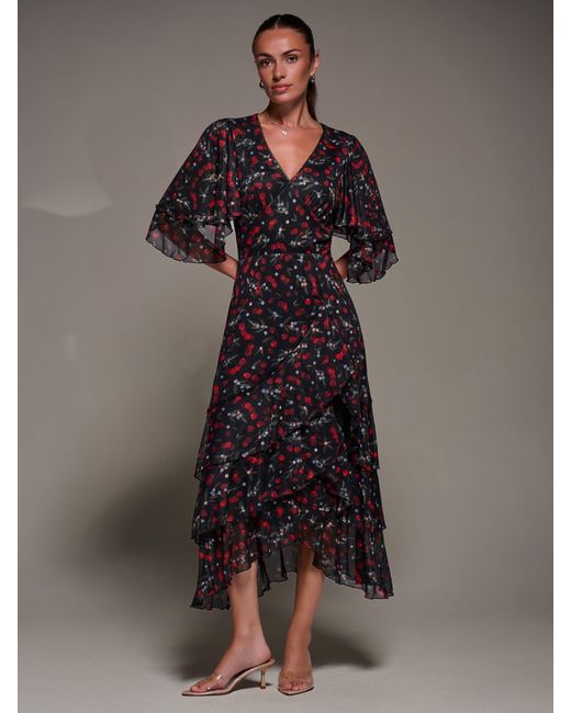 Jolie Moi Gray Frill Trim Mesh Maxi Dress