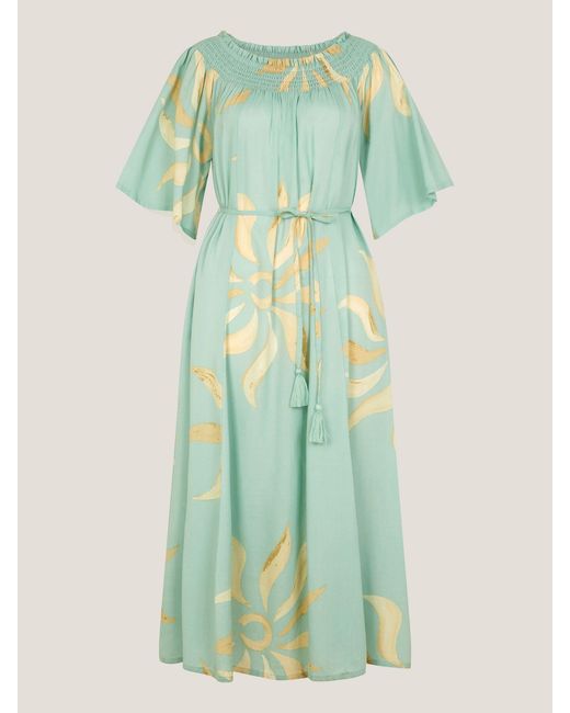 Monsoon Women's Green Tashie Sun Print Bardot Midi Dress