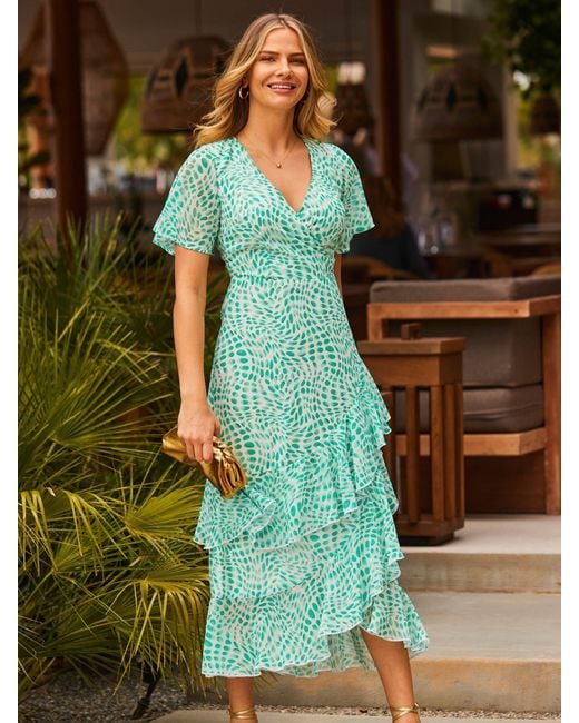 Sosandar Green Petite Abstract Print Layered Hem Angel Sleeve Maxi Dress