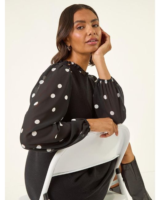 Roman Women's Black Spot Print Frill Knitted Dress