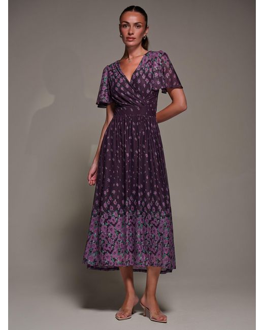 Jolie Moi Purple Mirrored Mesh Short Sleeve Midaxi Dress