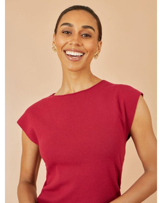 Yumi' Pink Knitted Ruched Midi Dress