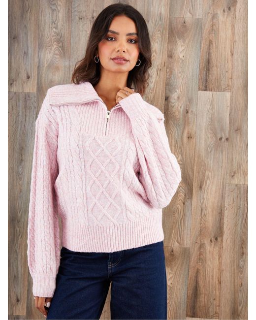 Threadbare Pink Cable Knit Quarter Zip Jumper