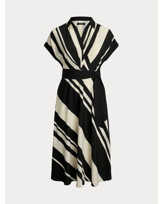 Ralph Lauren White Curve Striped Belted Collared Dress