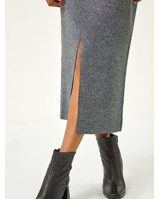 Roman Black Front Split Knitted Midi Skirt
