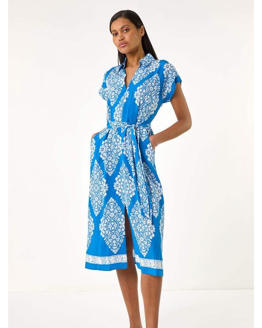 Roman Blue Geometric Print Belted Shirt Midi Dress