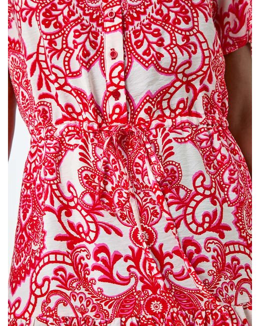 Roman Red Floral Print Frill Hem Shirt Dress
