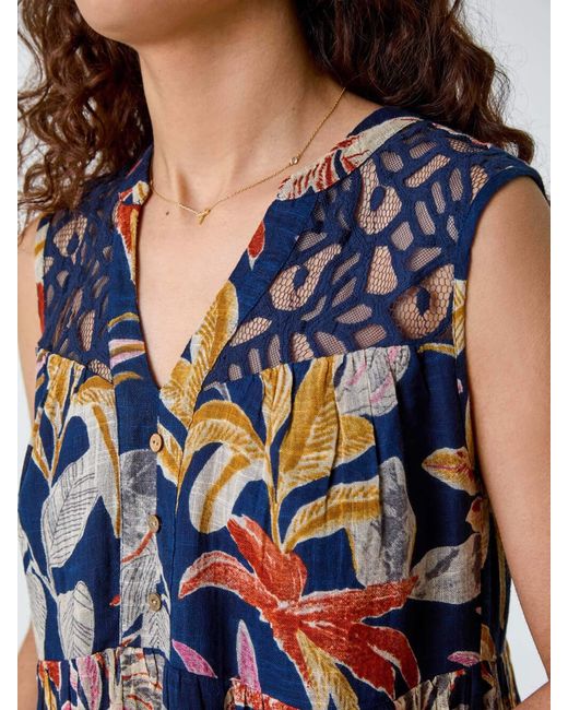 Roman Blue 100% Cotton Tropical Lace Detail Tiered Dress