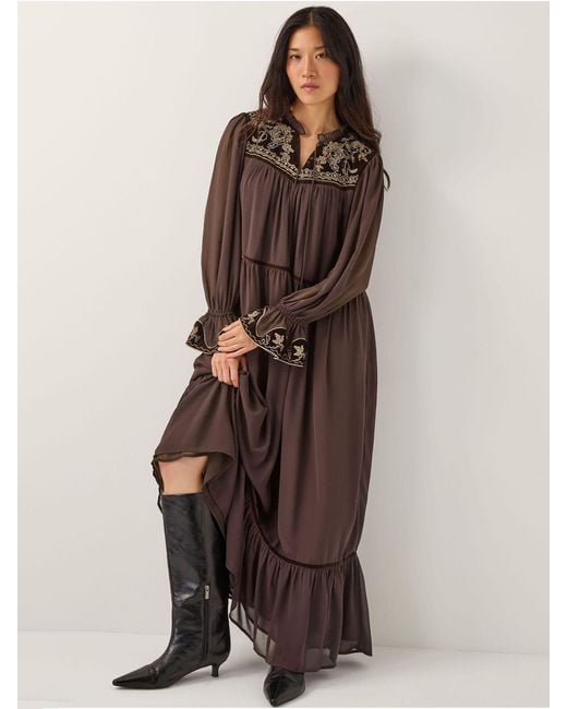 Monsoon Brown Nova Embroidered Yoke Chiffon Maxi Dress