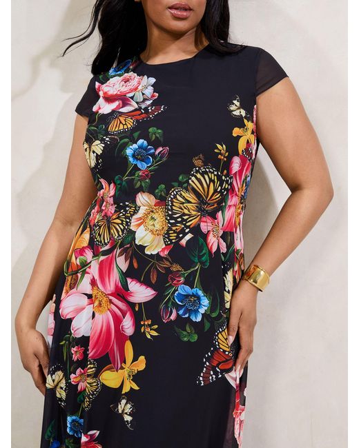 Lipsy Black Curve Floral Printed Chiffon Fit And Flare Midi Dress