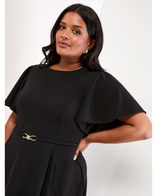 Lipsy Black Curve Crew Neck Short Sleeve Fit And Flare Midi Dress With Trim Belt