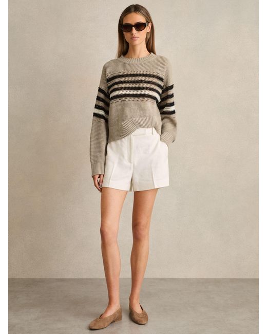 Reiss Natural Catrice - Neutral/black Linen Crochet Striped Jumper, Large (us 12-14)