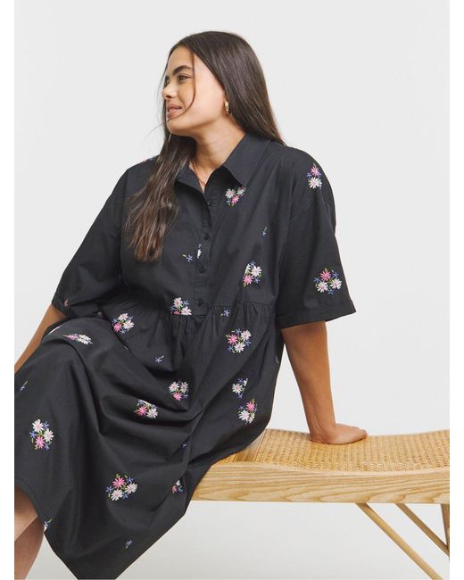 Simply Be Black Floral Embroidered Midi Shirt Dress