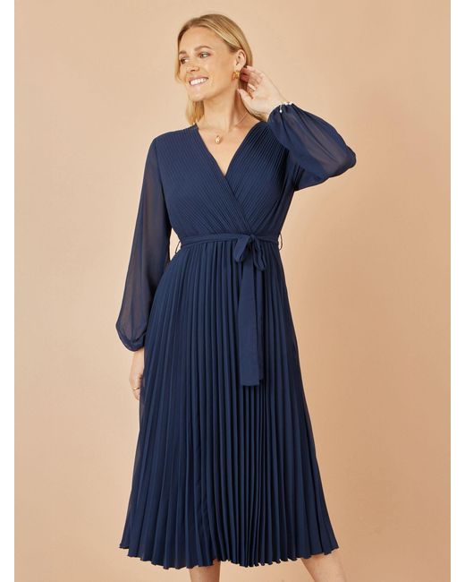 Yumi' Blue Pleated Wrap Midi Dress With Sheer Long Sleeves