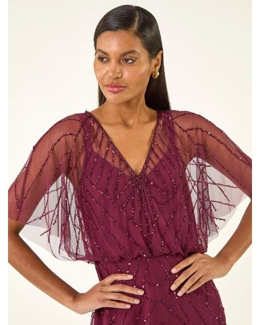 Roman Purple Beaded V-Neck Midi Dress