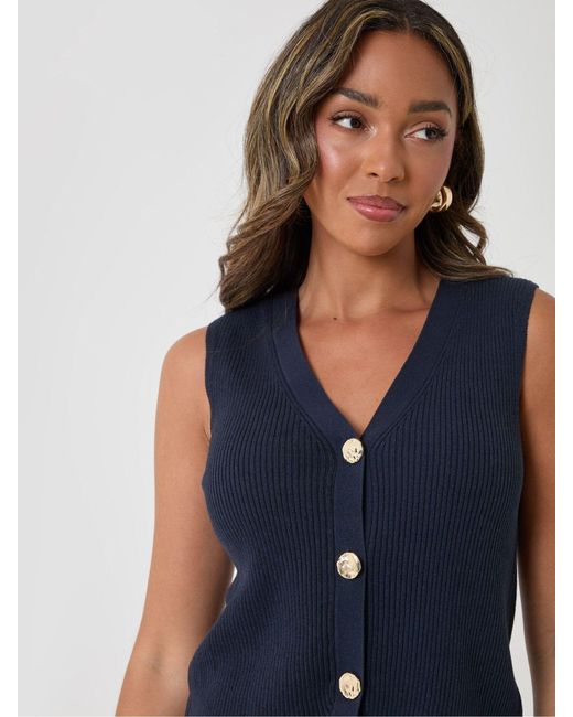 Threadbare Blue Ribbed Longline Waistcoat