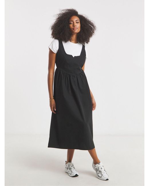 Simply Be Black 100% Cotton Cargo Notch Neck Apron Midi Dress